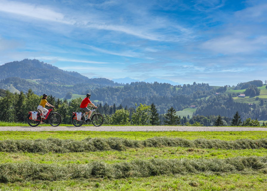 Zwei E-Biker im Sitzberg im Zürcher Oberland mit Aussicht